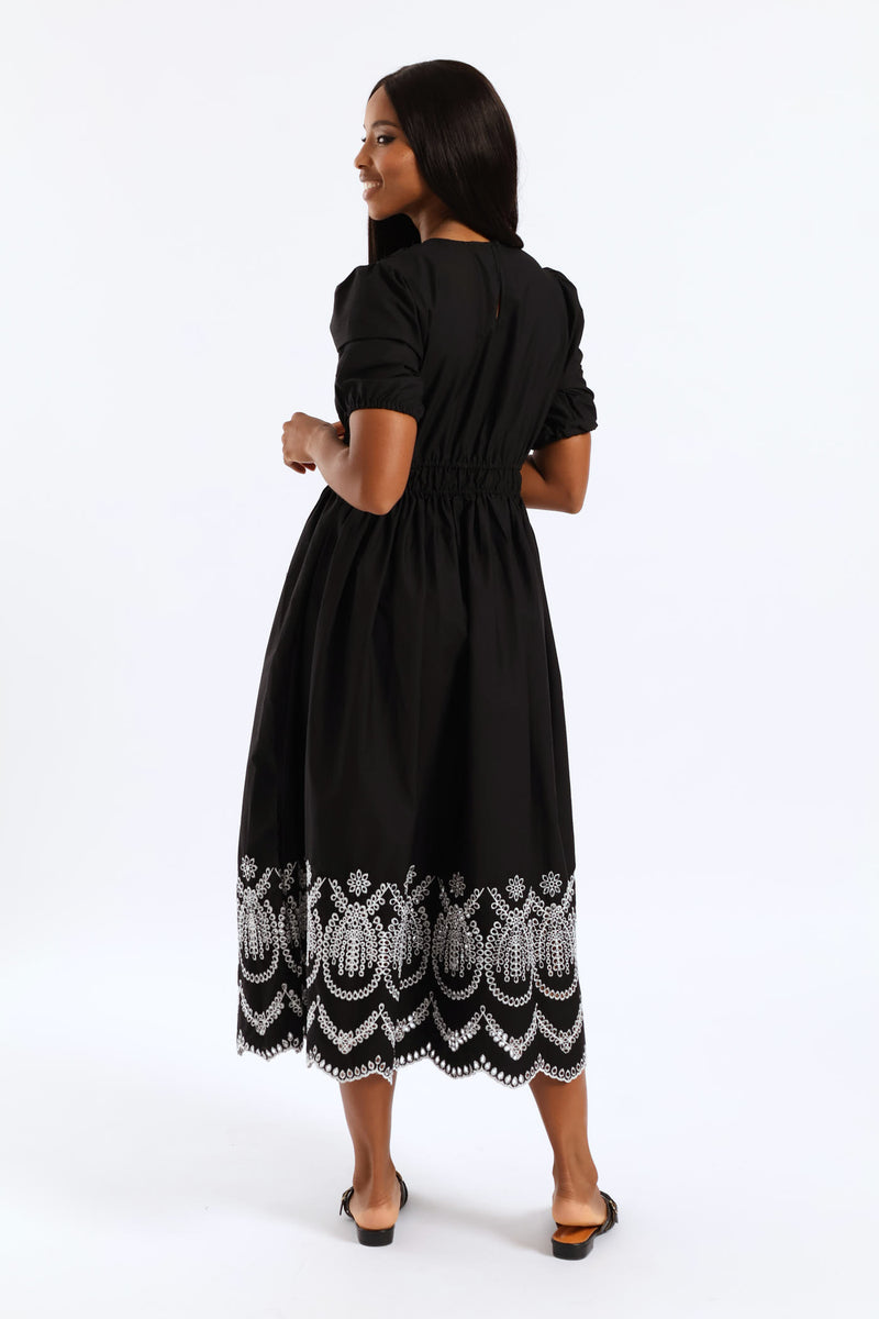 Bubble Sleeve Anglaise Hem Fit & Flare Midi Dress - White/Black