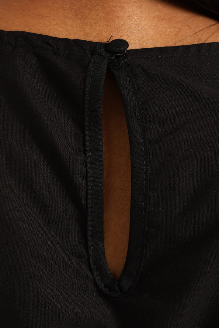 Bubble Sleeve Anglaise Hem Fit & Flare Midi Dress - White/Black