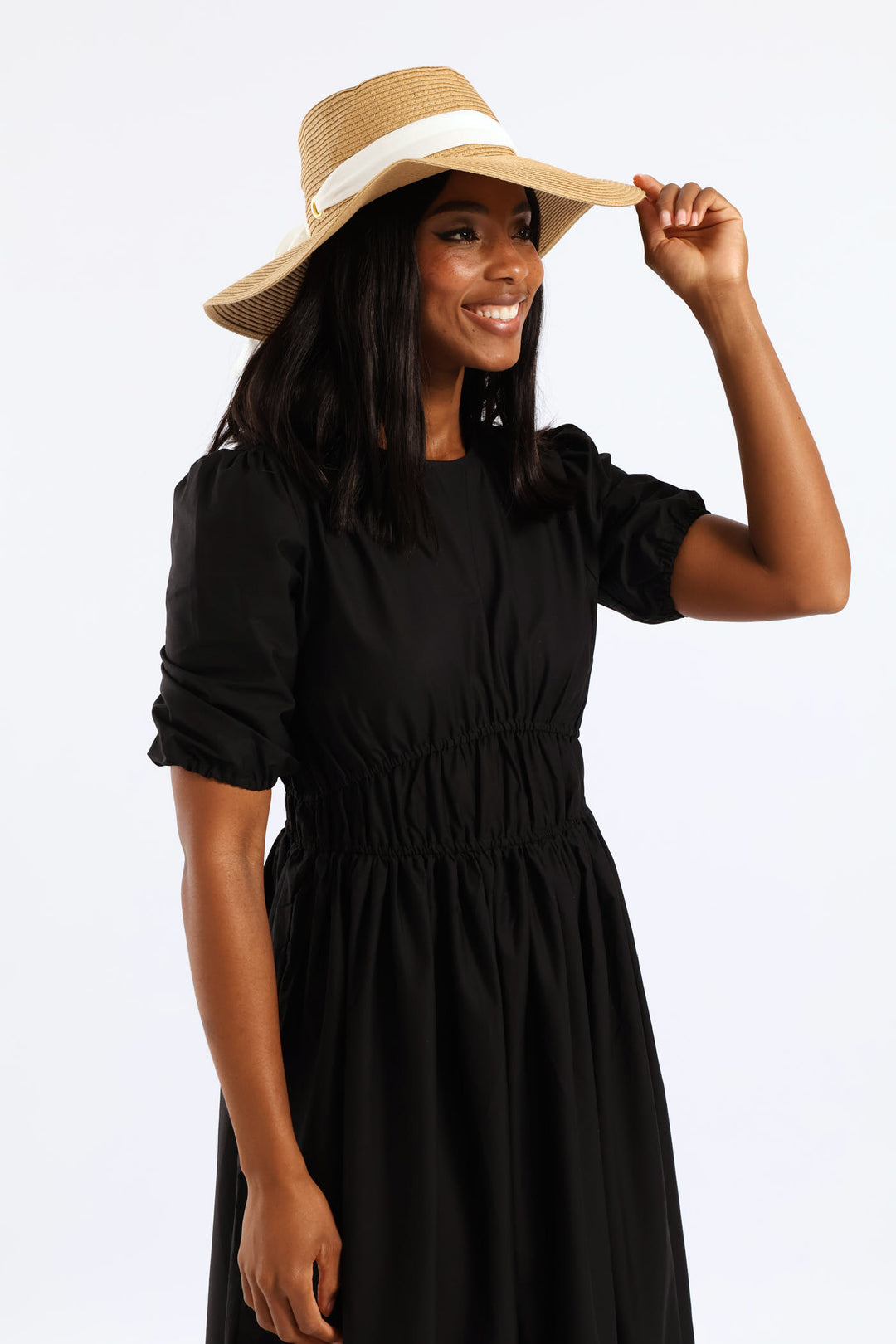 White Ribbon Tie Boater Hat - Beige