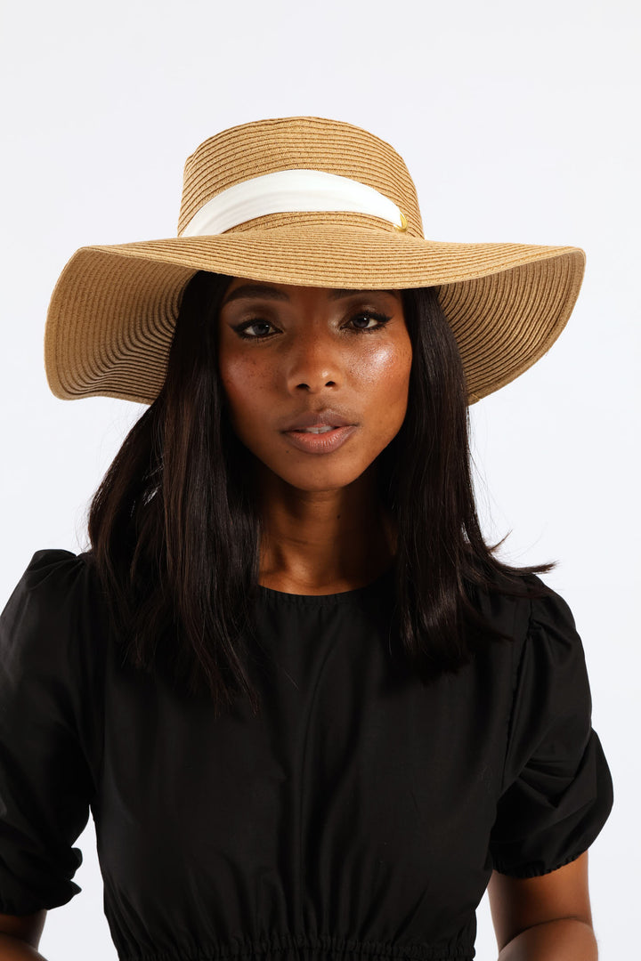 White Ribbon Tie Boater Hat - Beige