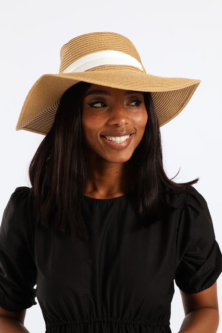 White Ribbon Tie Boater Hat - Beige