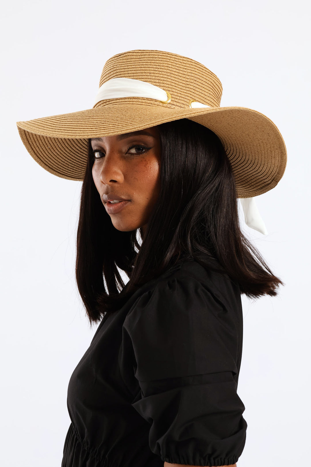 White Ribbon Tie Boater Hat - Beige