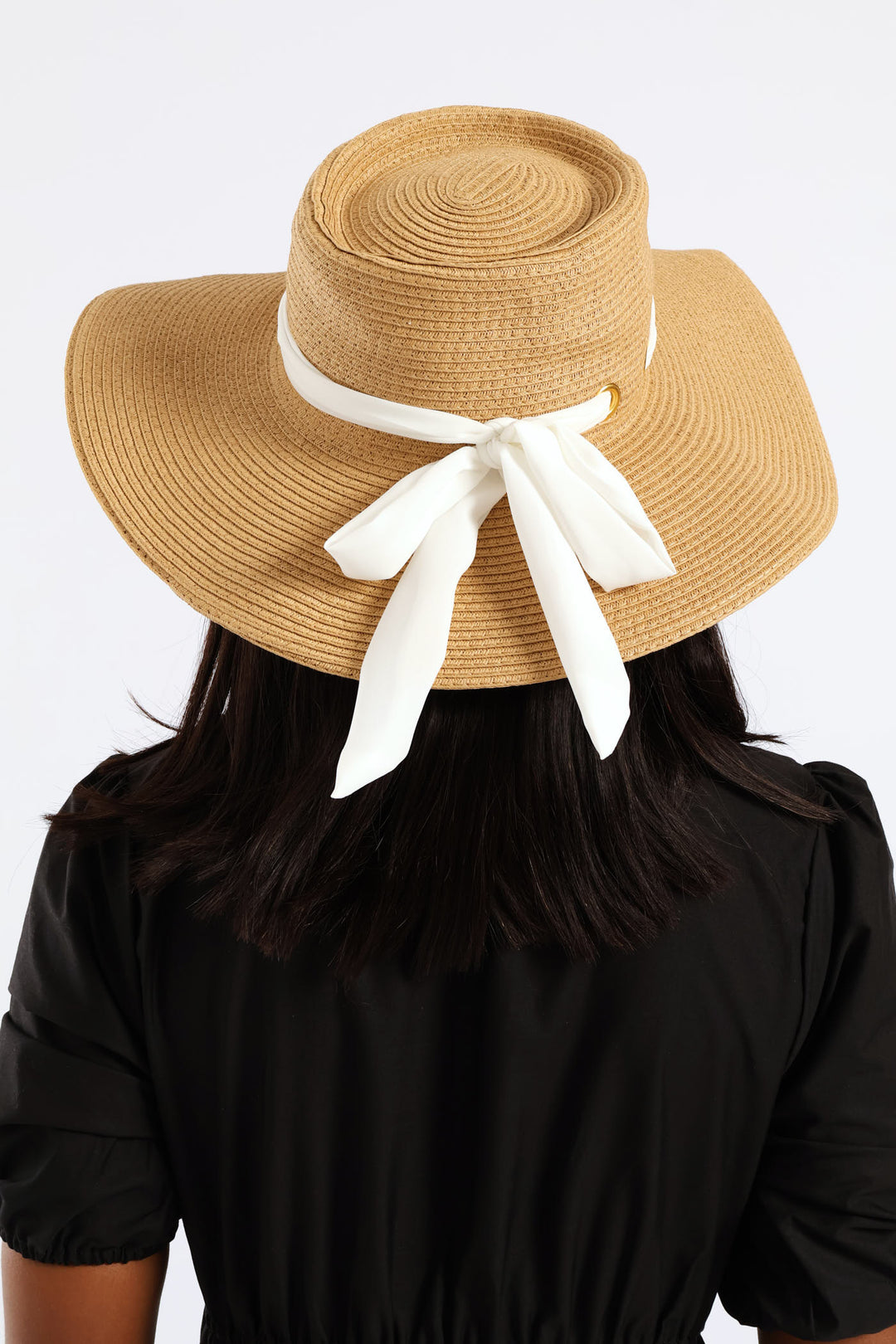 White Ribbon Tie Boater Hat - Beige