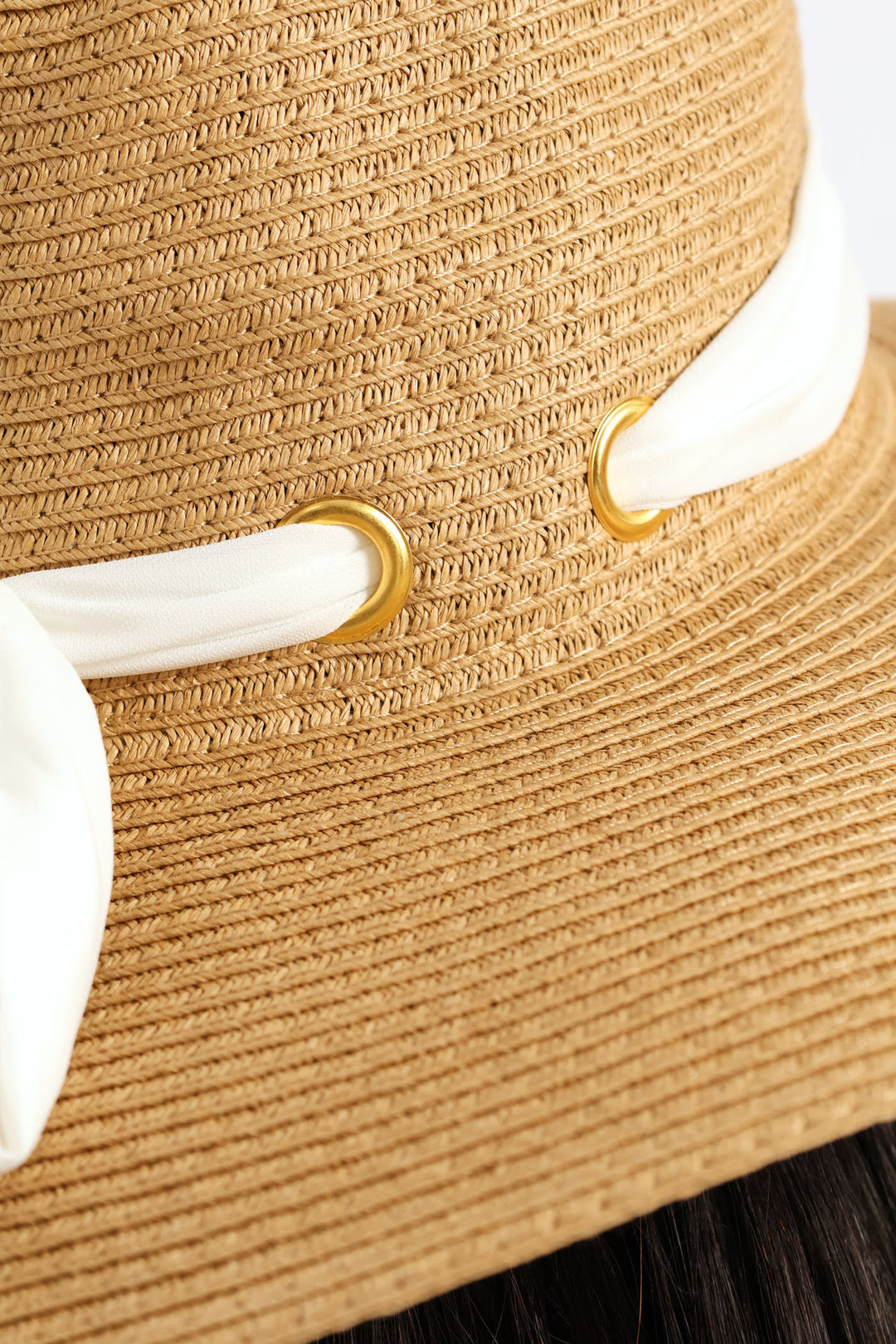 White Ribbon Tie Boater Hat - Beige