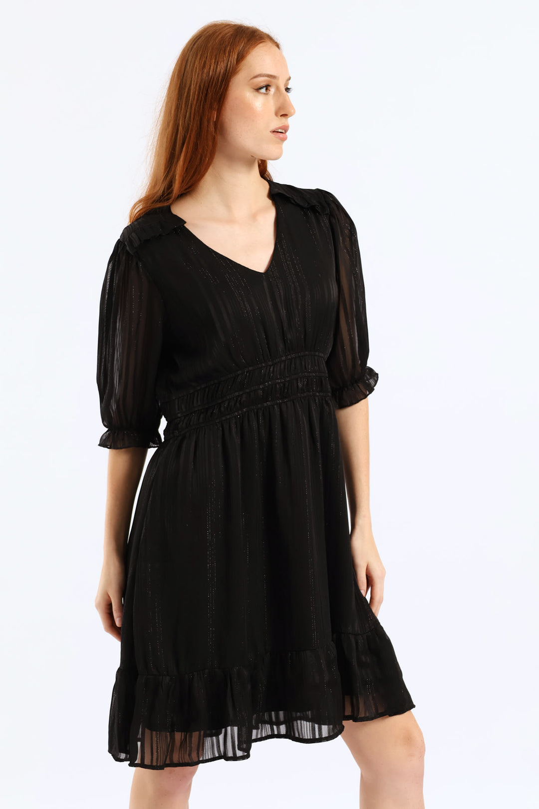 V-Neck Puff Sleeve Waist Tea Dress - Black