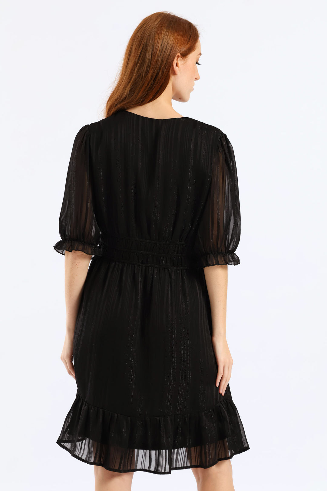 V-Neck Puff Sleeve Waist Tea Dress - Black