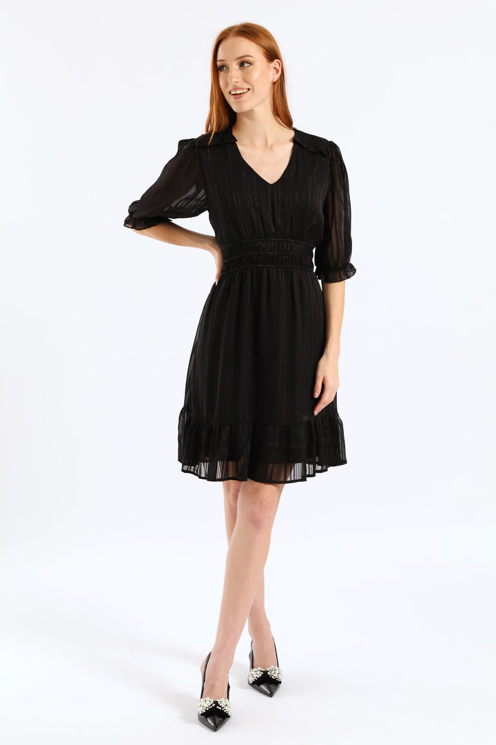 V-Neck Puff Sleeve Waist Tea Dress - Black