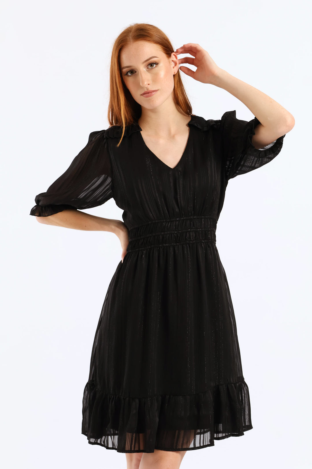 V-Neck Puff Sleeve Waist Tea Dress - Black