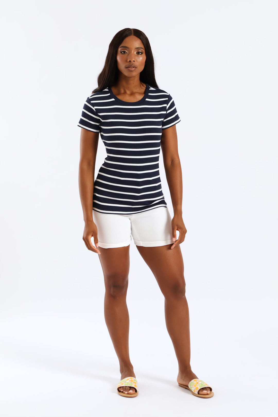 Rib Fitted Stripe Tee - Navy/White