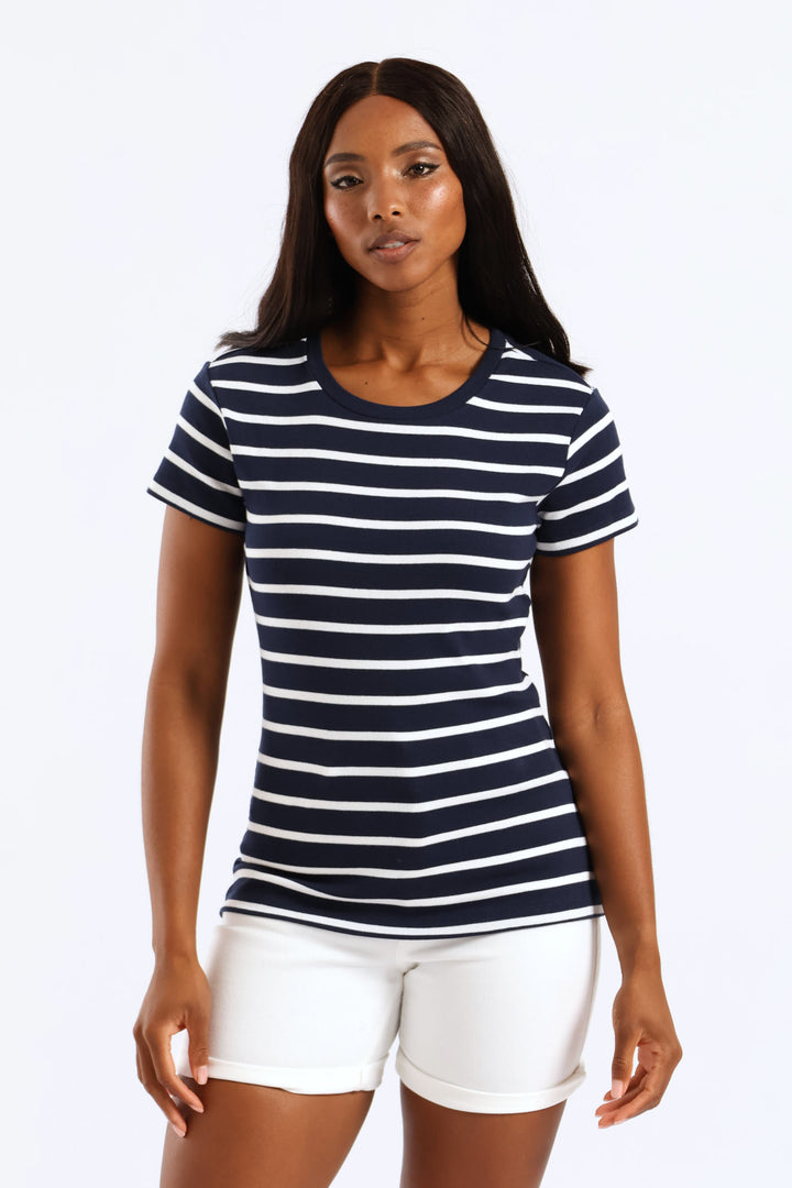 Rib Fitted Stripe Tee - Navy/White