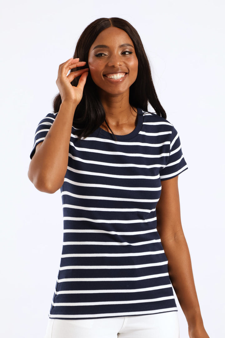 Rib Fitted Stripe Tee - Navy/White