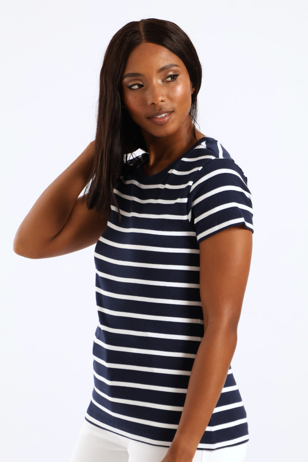 Rib Fitted Stripe Tee - Navy/White