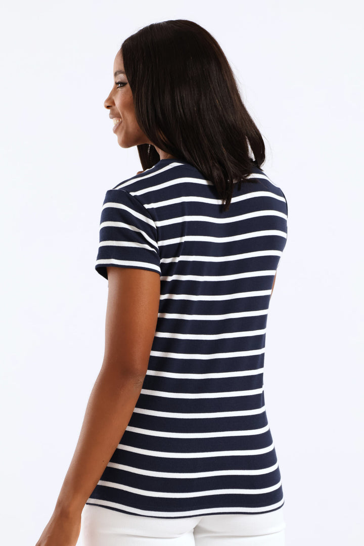 Rib Fitted Stripe Tee - Navy/White