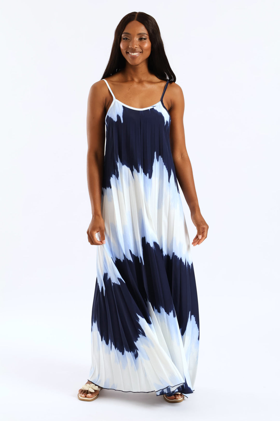 Strappy Pleated Tie-Dye Maxi Dress - Blue
