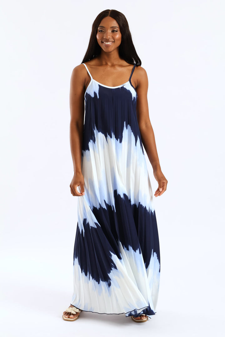 Strappy Pleated Tie-Dye Maxi Dress - Blue