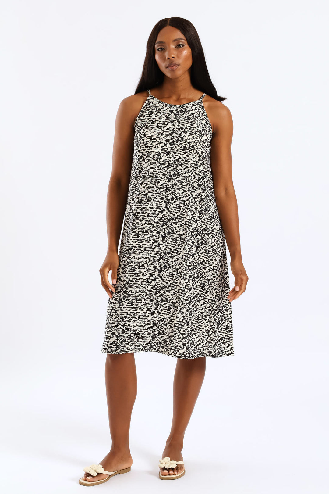 Square Neck Halter Swing Printed Mini Dress - Black/Cream