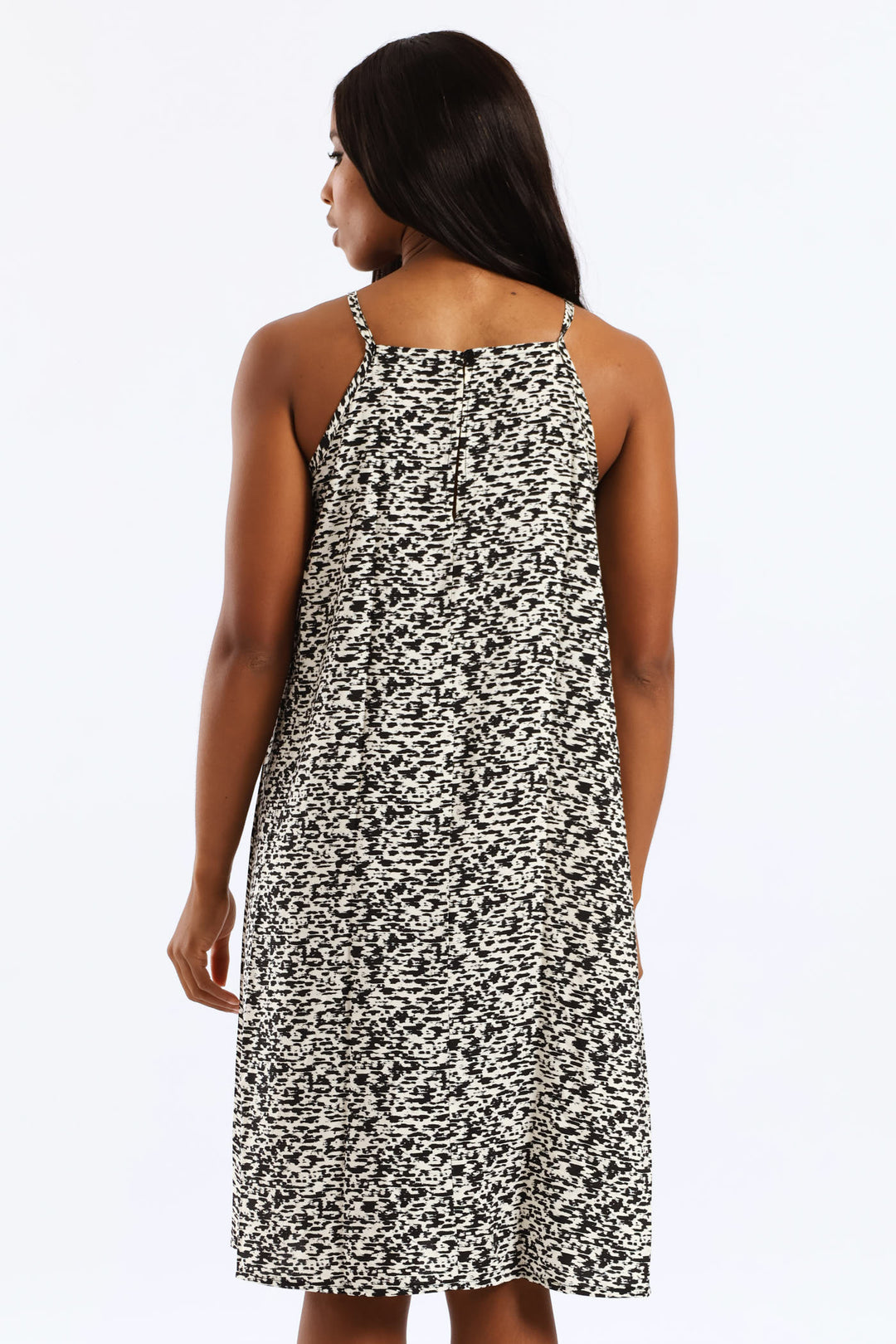 Square Neck Halter Swing Printed Mini Dress - Black/Cream