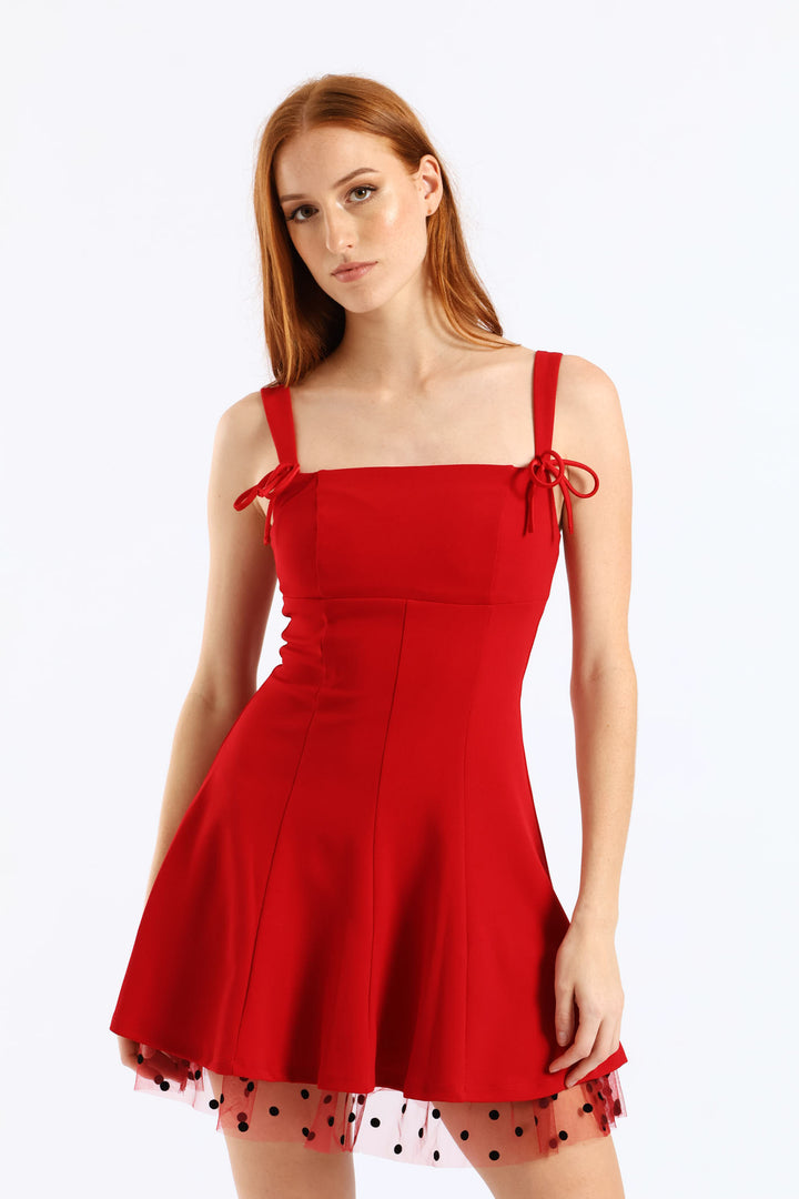 Straight Neckline Bow Detail Mini Dress - Red