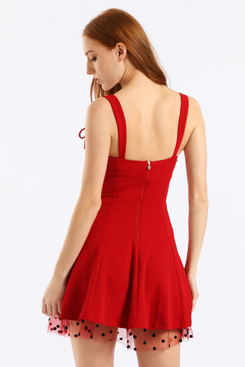 Straight Neckline Bow Detail Mini Dress - Red