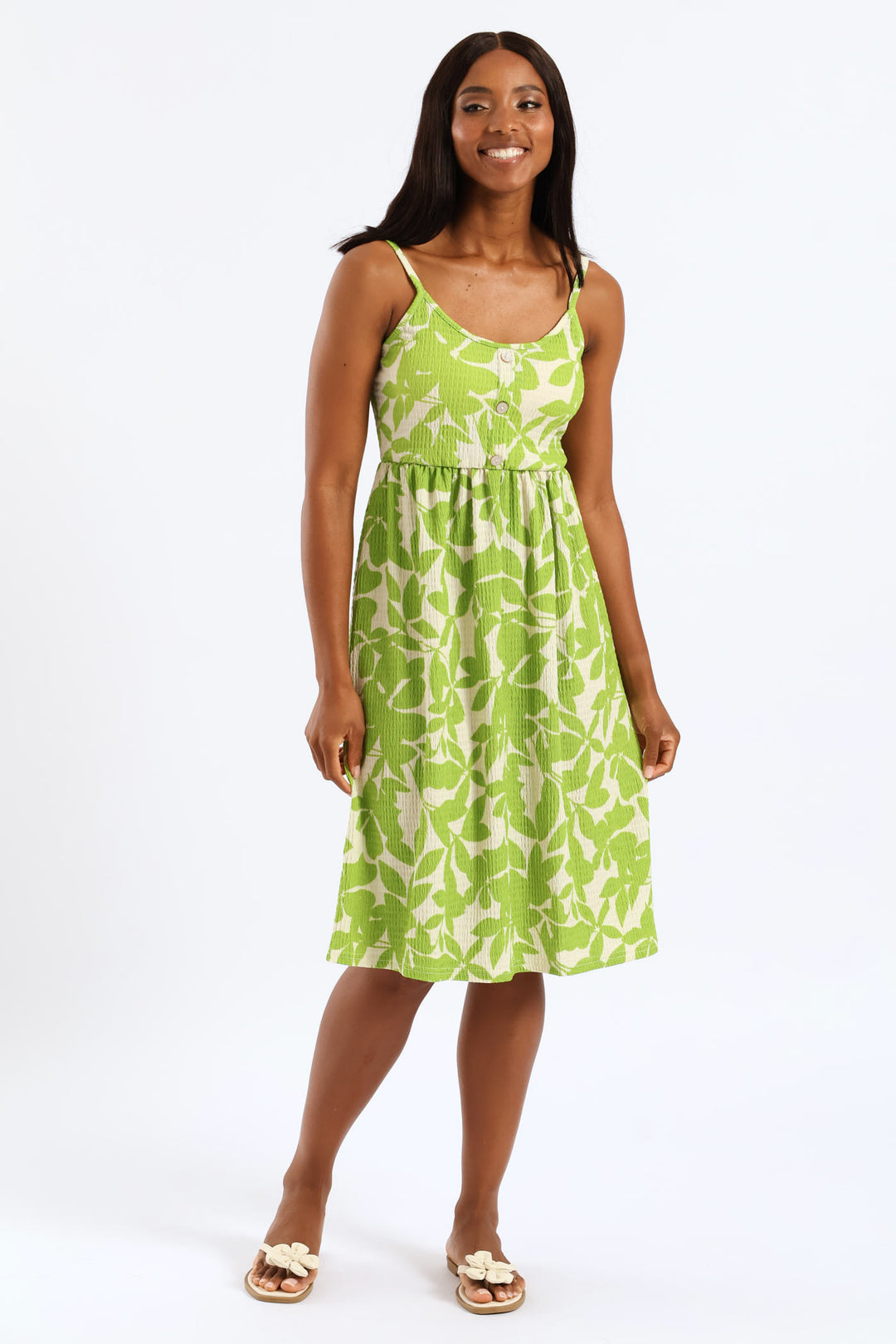 Button Detail Print Strappy Sundress - Light Chartreuse