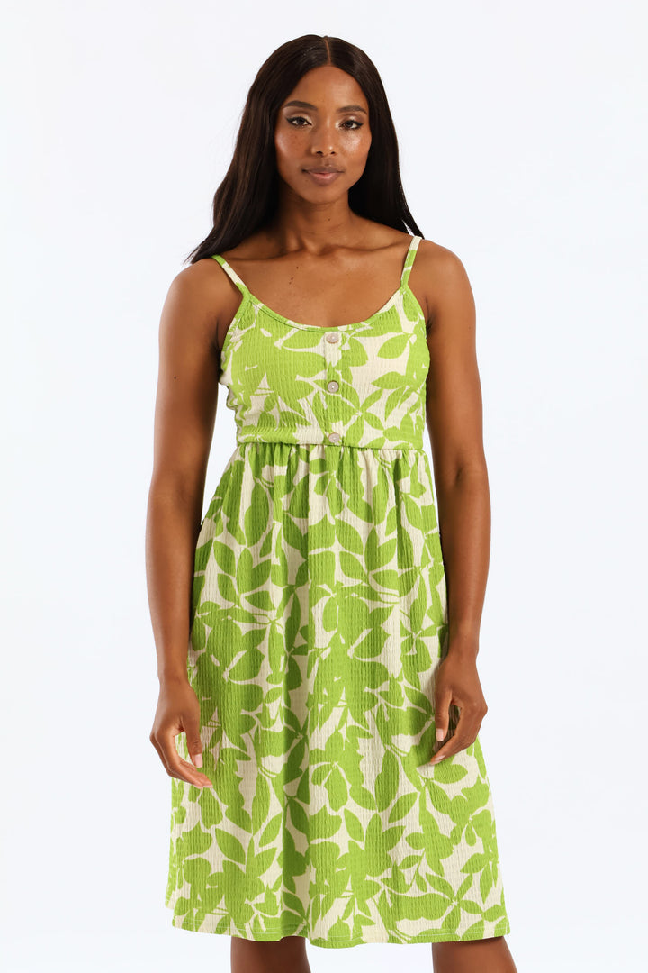 Button Detail Print Strappy Sundress - Light Chartreuse