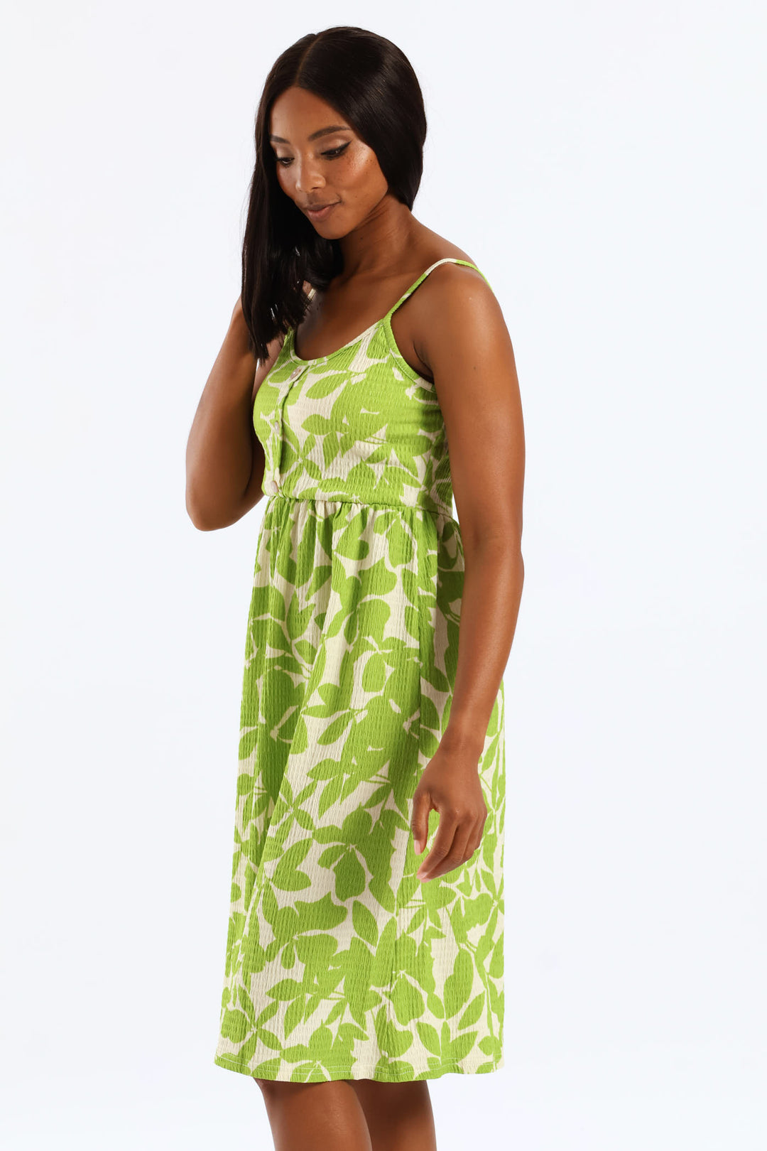 Button Detail Print Strappy Sundress - Light Chartreuse
