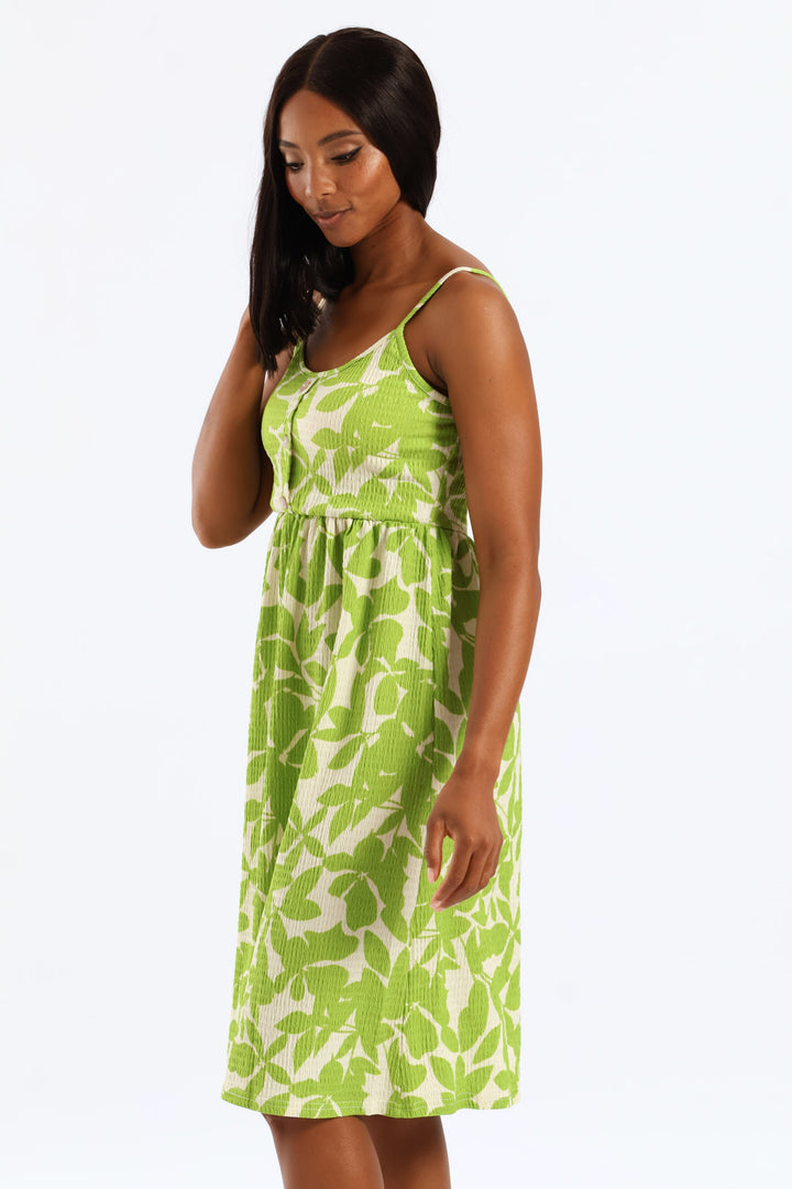 Button Detail Print Strappy Sundress - Light Chartreuse