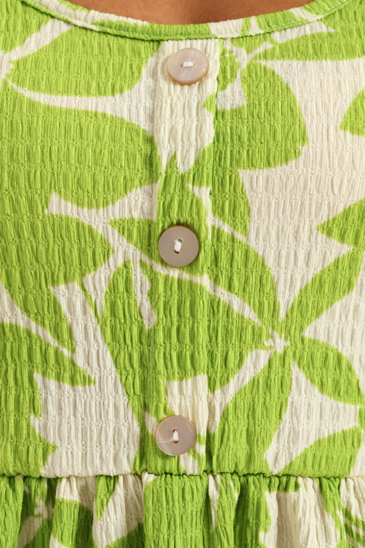 Button Detail Print Strappy Sundress - Light Chartreuse