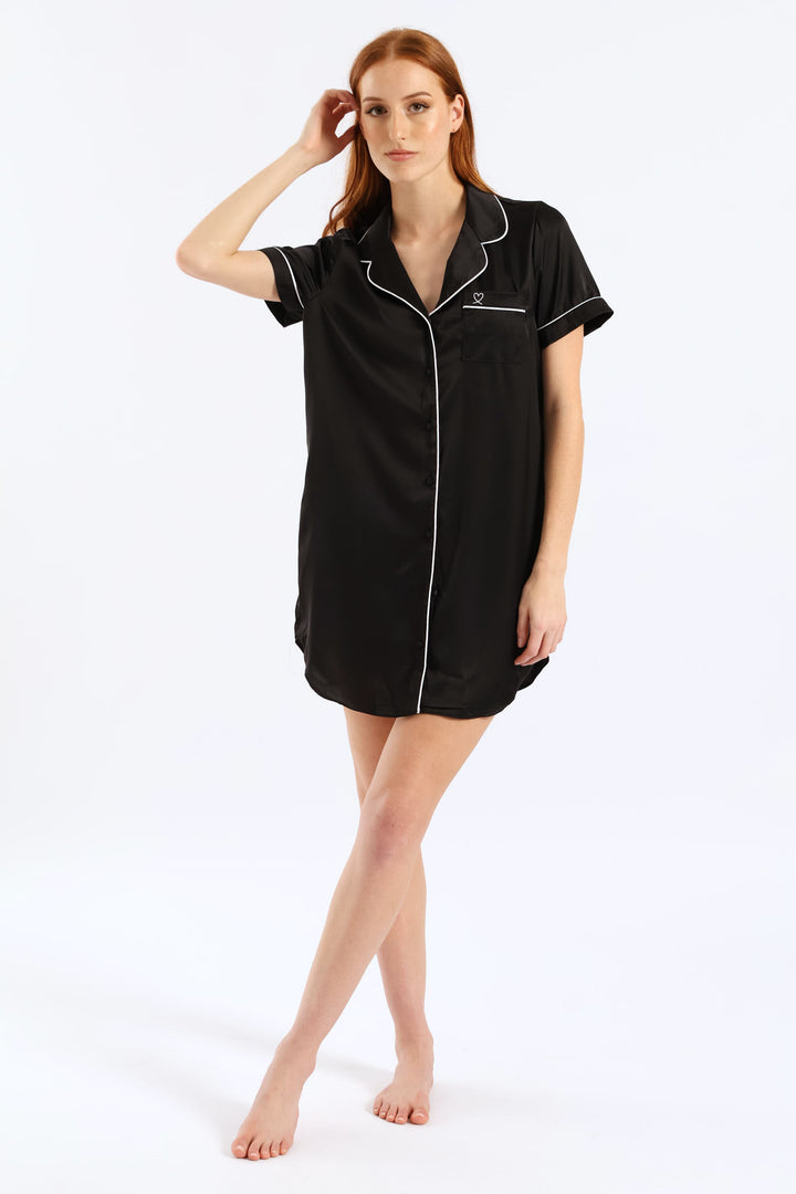 Button Through Satin Sleepshirt - Black