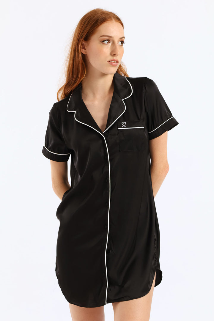 Button Through Satin Sleepshirt - Black