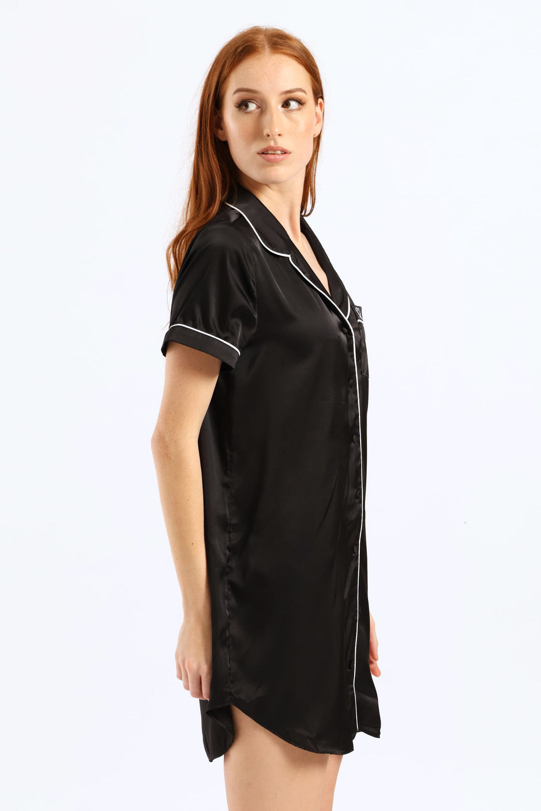 Button Through Satin Sleepshirt - Black