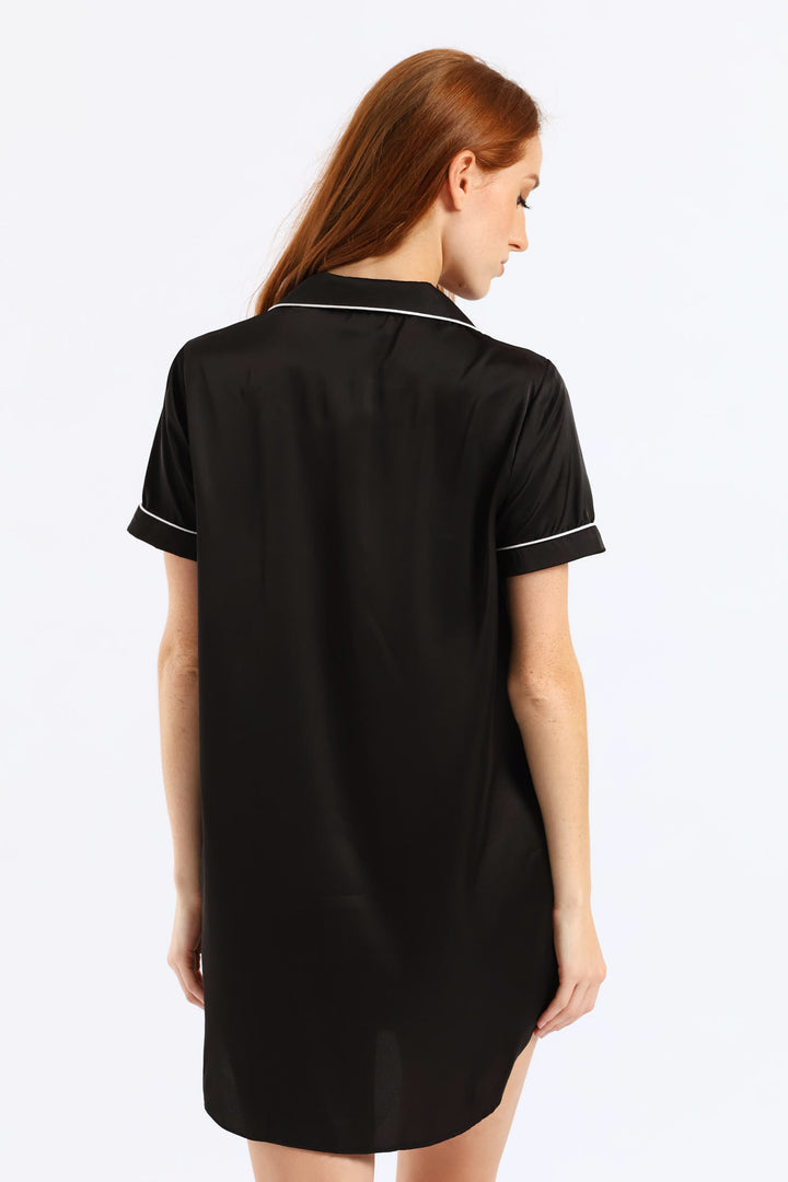 Button Through Satin Sleepshirt - Black