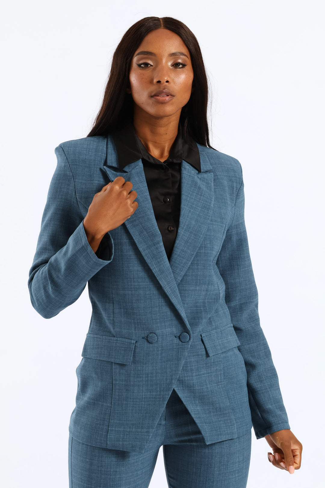 Button Detail Linen Blend Blazer - Teal