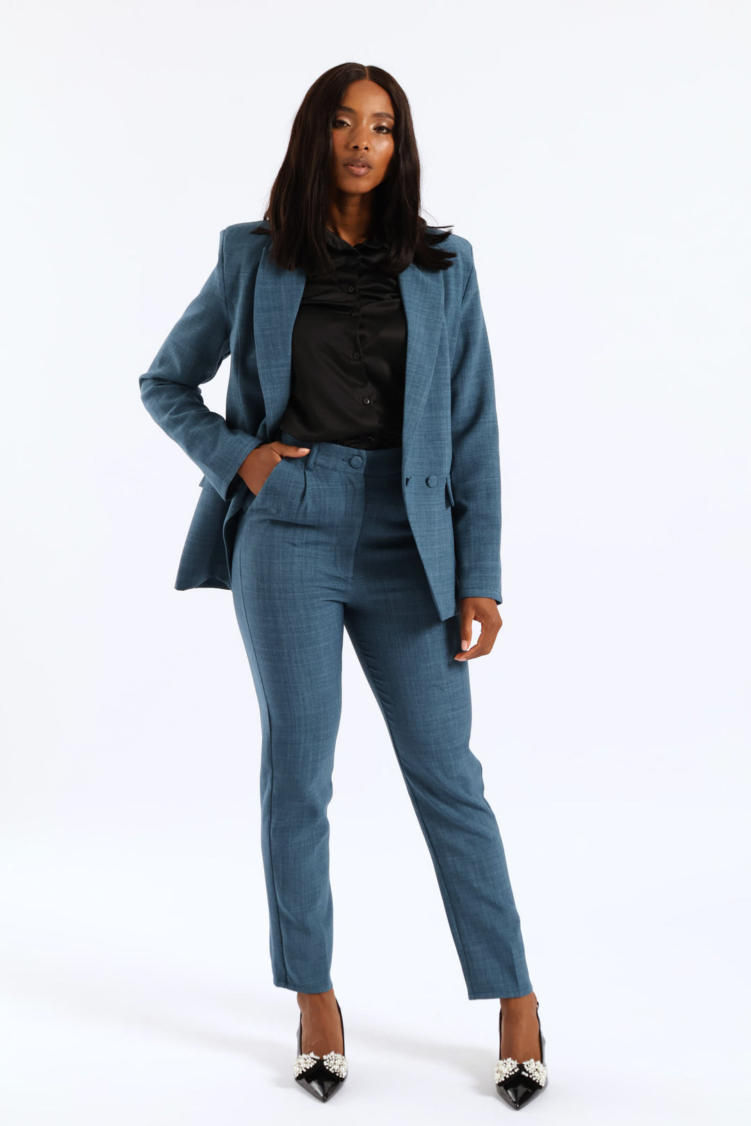 Covered Button Linen Blend Tapered Leg Pant - Teal