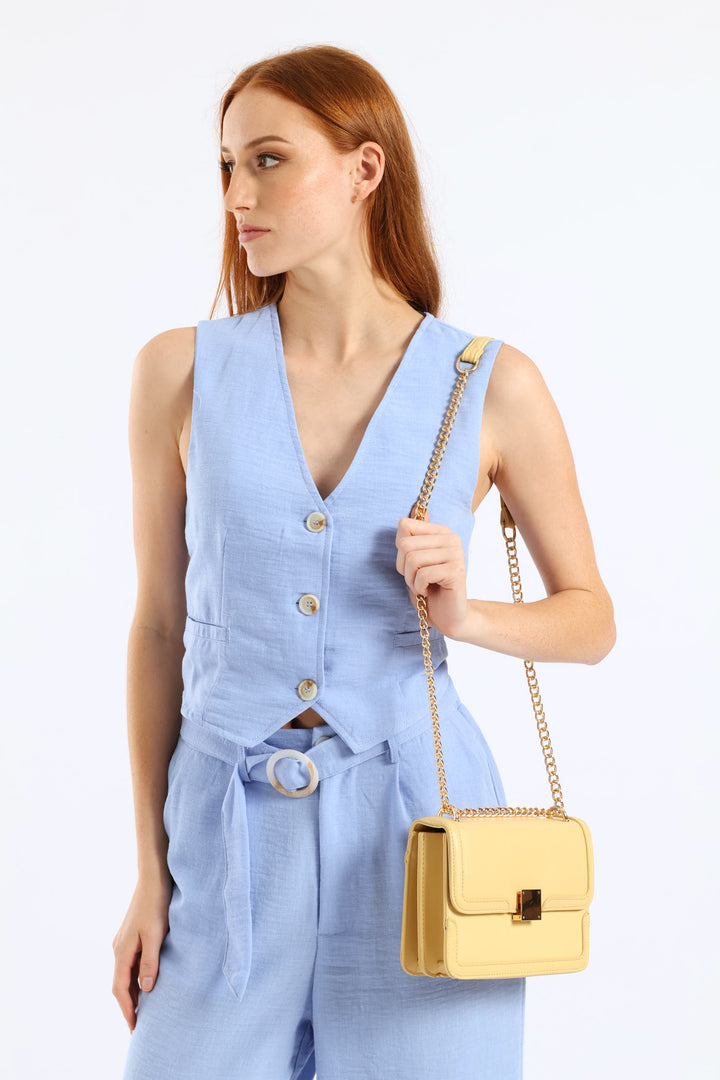 Gold Clasp & Chain Satchel Bag - Light Yellow