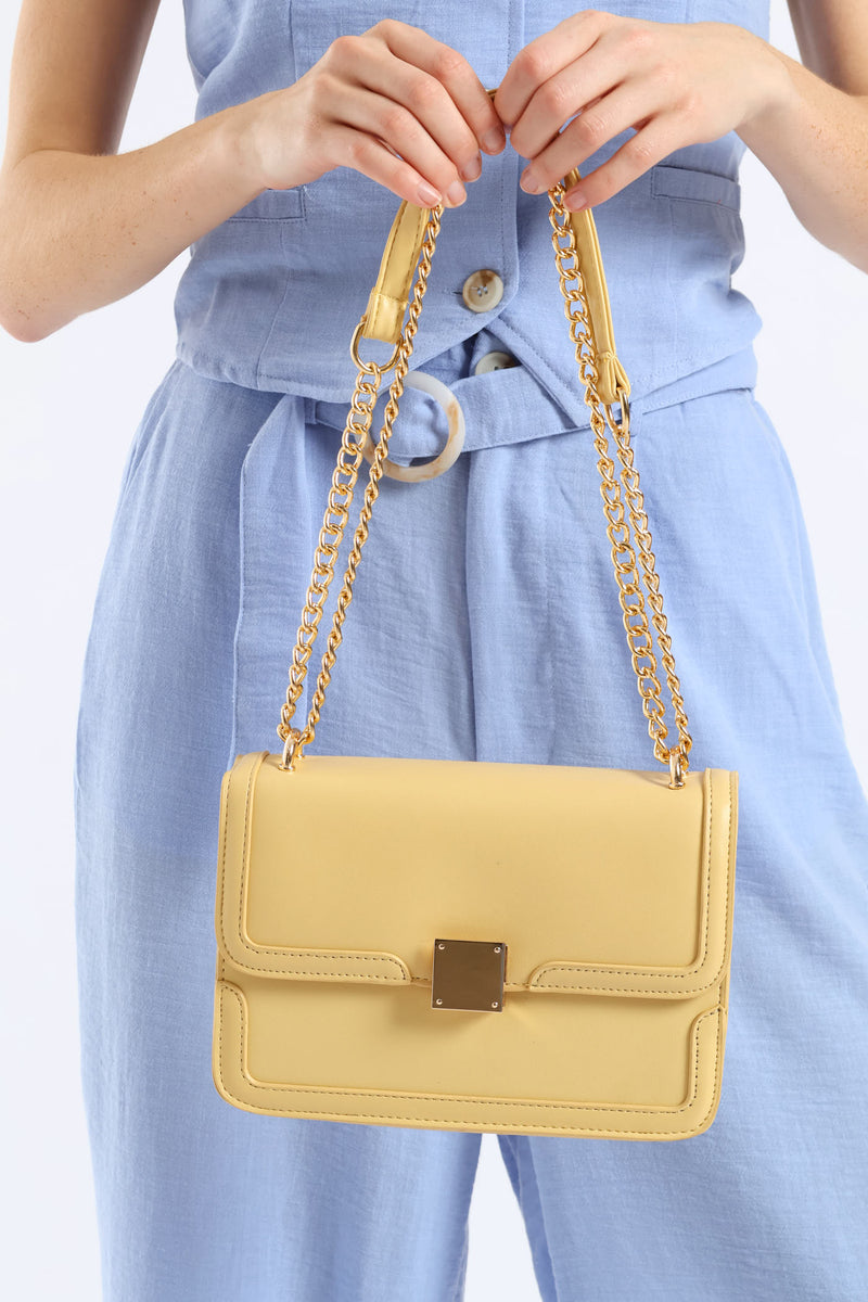 Gold Clasp & Chain Satchel Bag - Light Yellow
