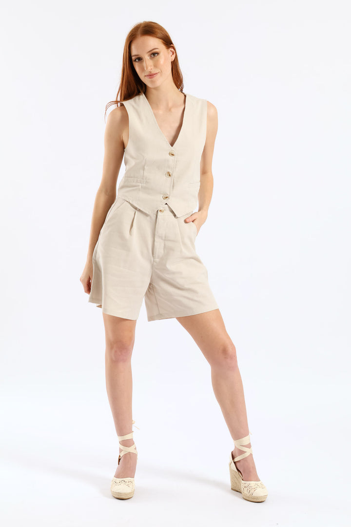 Pintuck Tailored Linen Mid Thigh Shorts - Oatmeal Melange