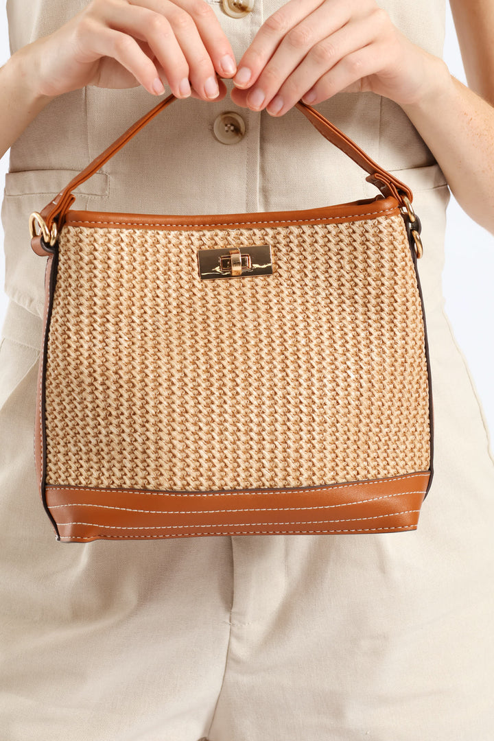 Panel Front Clasp Crossbody Bag - Tan