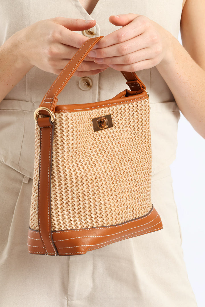 Panel Front Clasp Crossbody Bag - Tan