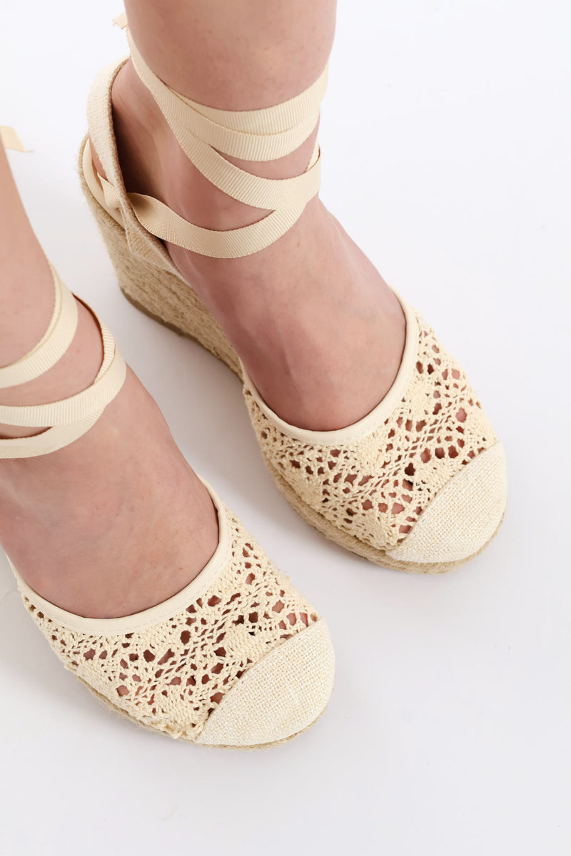 Crochet Closed Toe Lace Up Wedge Heel - Stone