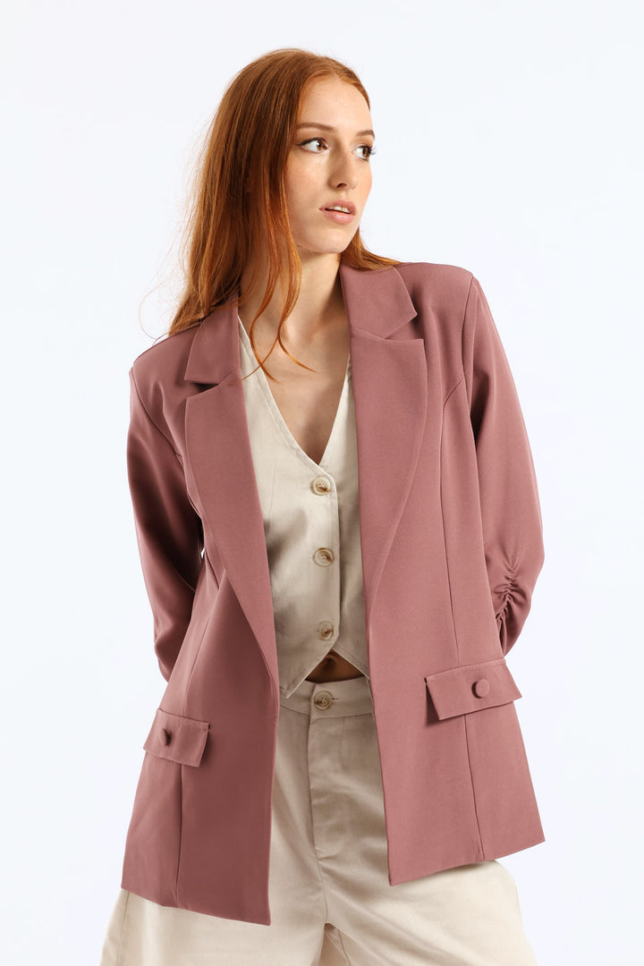 Ruched Sleeve Pocket Button Blazer - Mauve