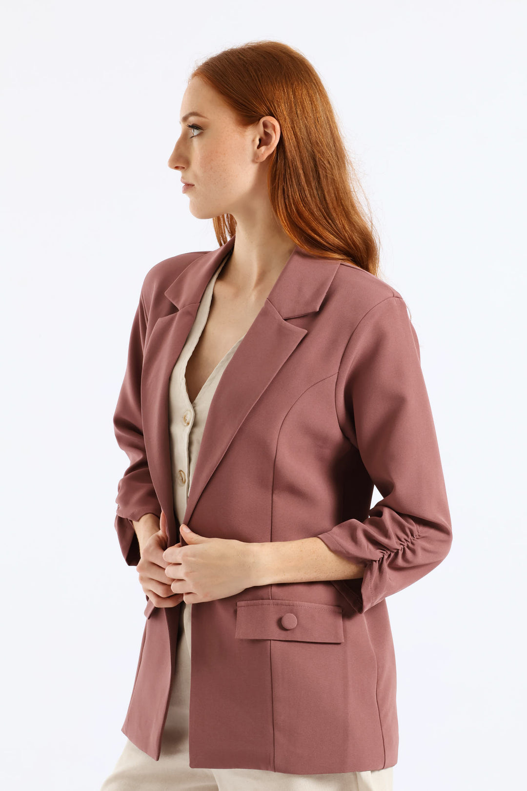 Ruched Sleeve Pocket Button Blazer - Mauve