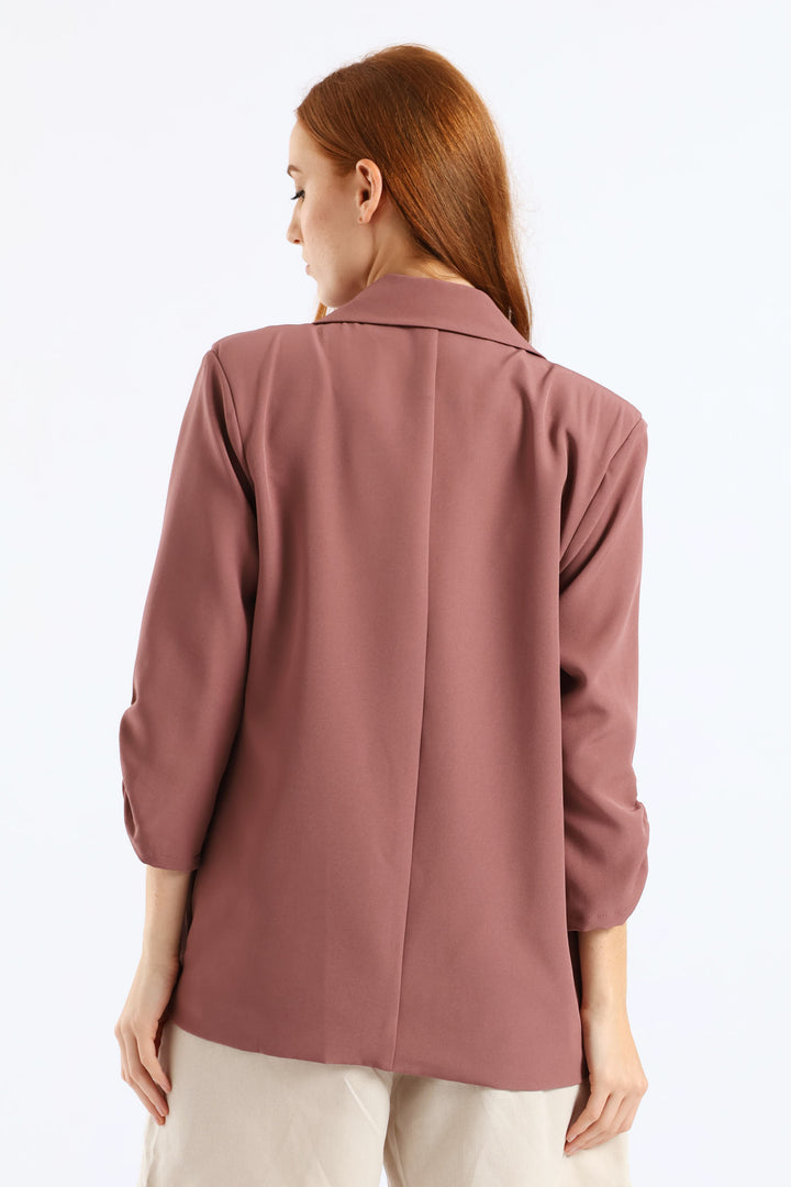 Ruched Sleeve Pocket Button Blazer - Mauve