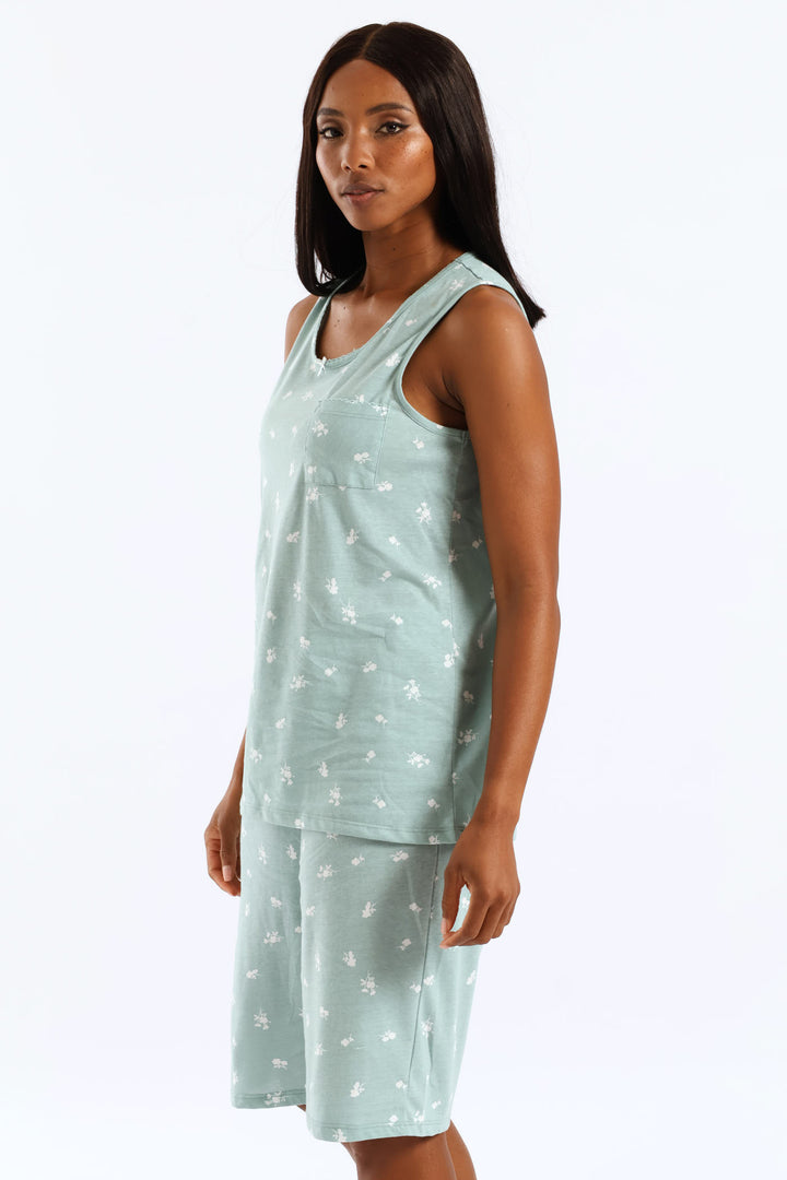 Ditsy Knit Short Set - Duck Egg