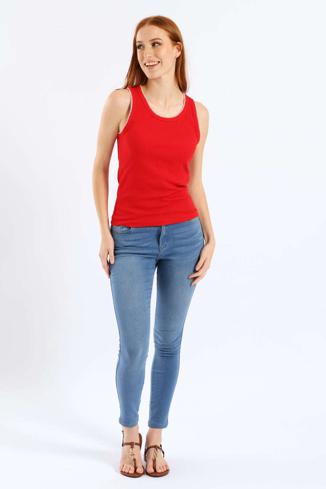 Stitch Edge Detail Rib Tank - Rose Red
