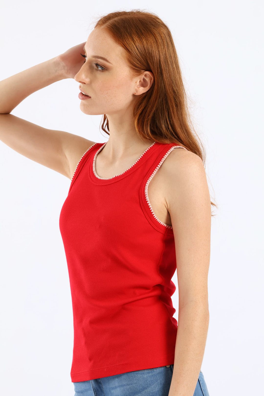 Stitch Edge Detail Rib Tank - Rose Red