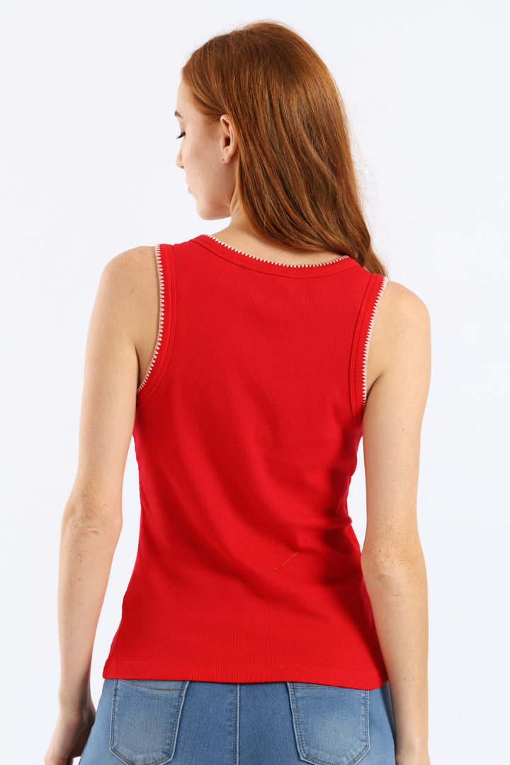 Stitch Edge Detail Rib Tank - Rose Red