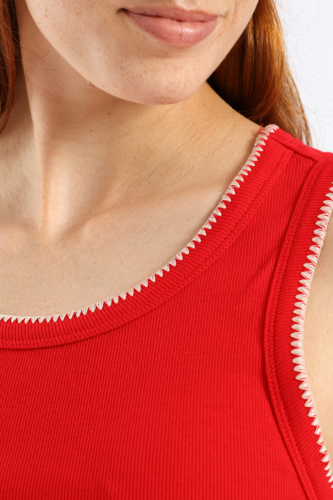 Stitch Edge Detail Rib Tank - Rose Red