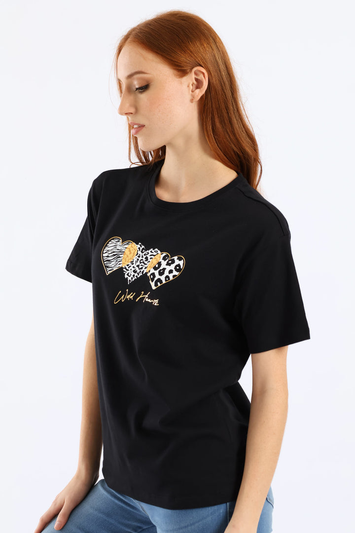 Animal Print Hearts Tee - Black