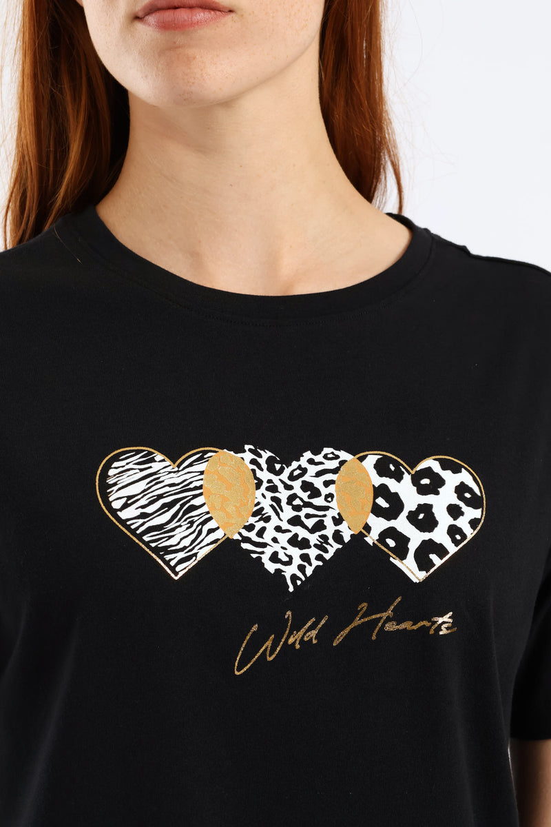 Animal Print Hearts Tee - Black